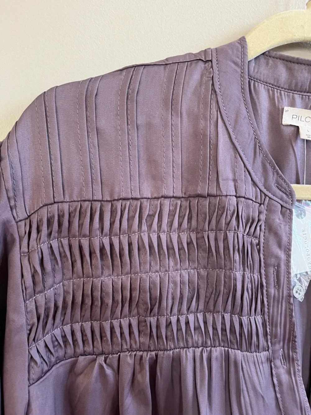 Anthropologie Silky Smocked Yoke Long Sleeve Purple Button down Shirt size large - Picture 7 of 16